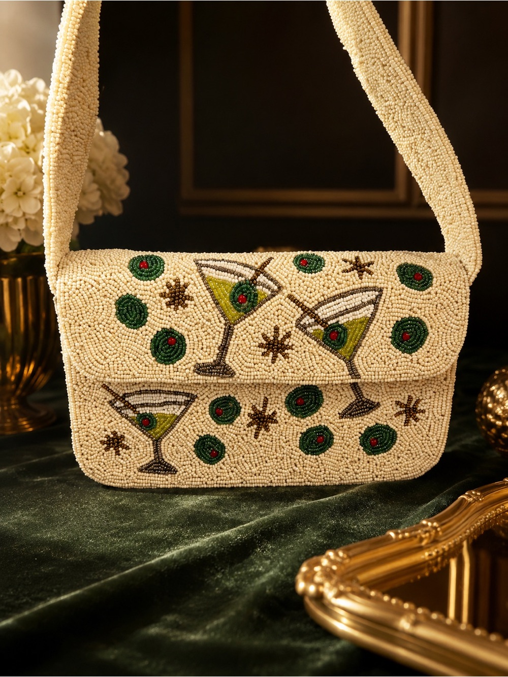 Beaded Martini Party Shoulder Bag - Cream